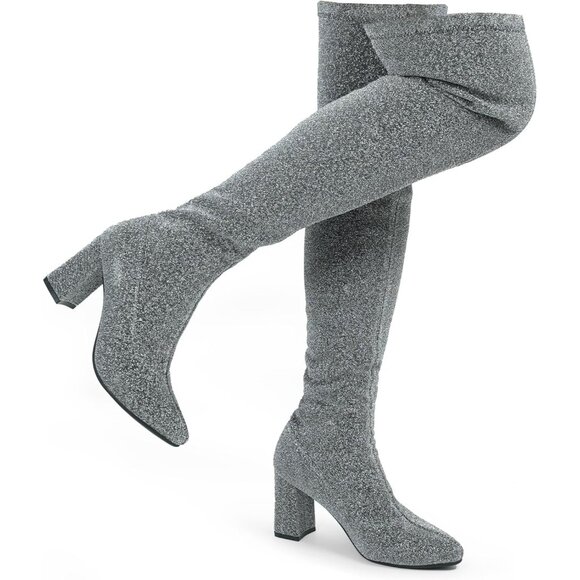 Hawkwell Women Silver Chunky Thigh High Over The Knee High heel Boots Pointy toe - Picture 1 of 6